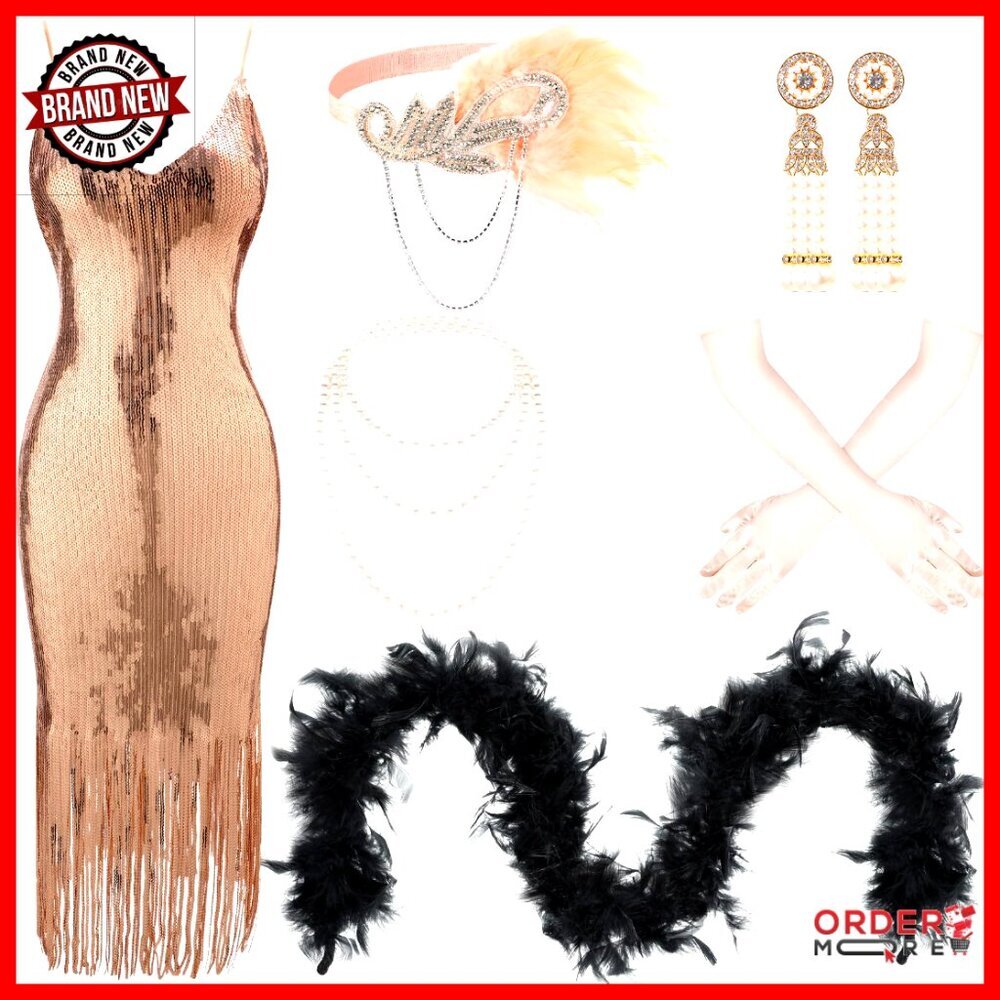 7-Piece Flapper Costume Set with Sequin Dress, Accessories, and Feather Boa